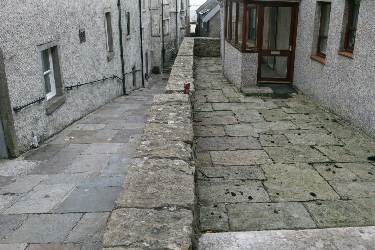 An alley walkway before treatment with simply gone. Moss and algae on the right patio and wall.
